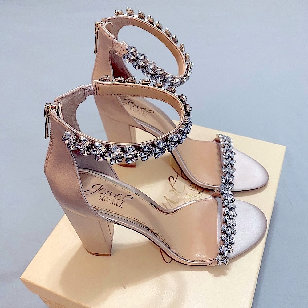 Jewel Badgley Mischka Cream and Pink Heels with Crystal Embellishments